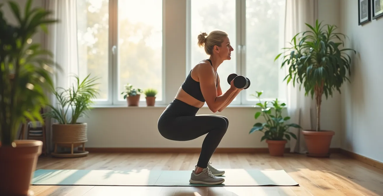 Mujer mayor realizando sentadilla goblet con técnica correcta para proteger rodillas
