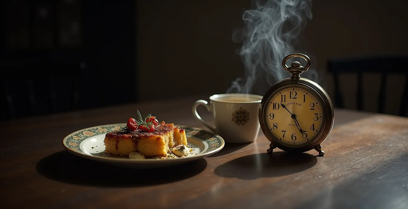 Mesa con reloj, taza de té alejada del plato principal, representando separación temporal