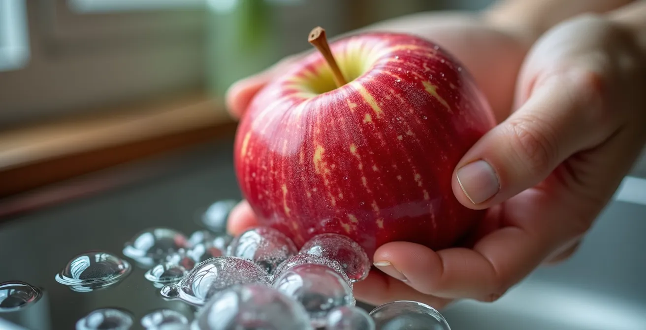 Manos lavando manzanas en solución de bicarbonato con burbujas visibles