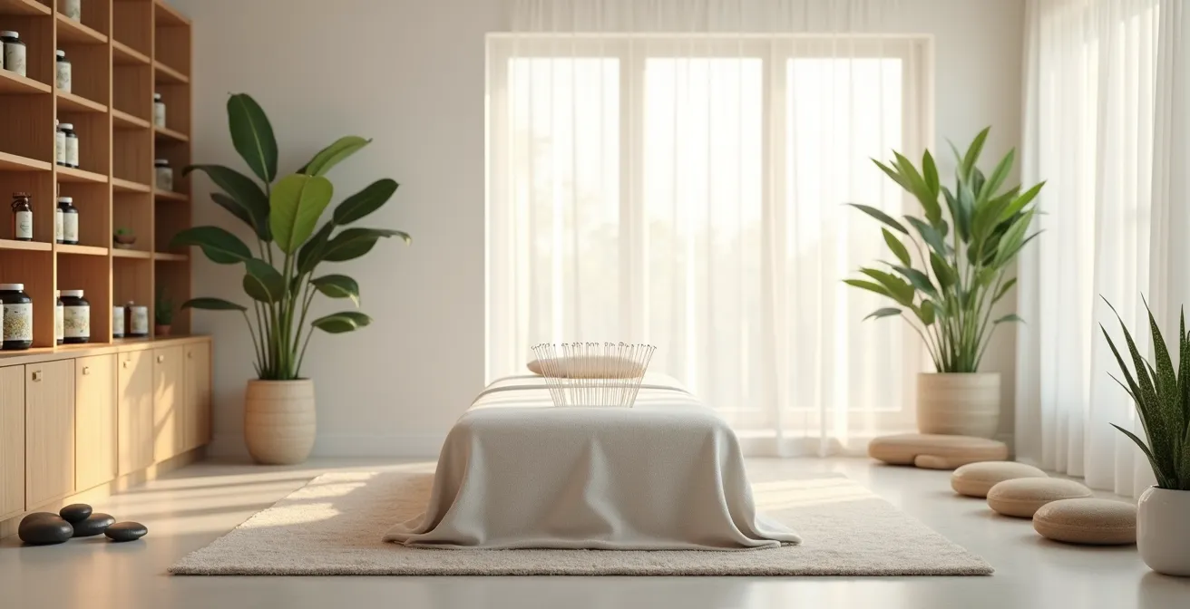 Vista amplia de sala de terapia mostrando integración de técnicas para manejo del dolor con elementos naturales