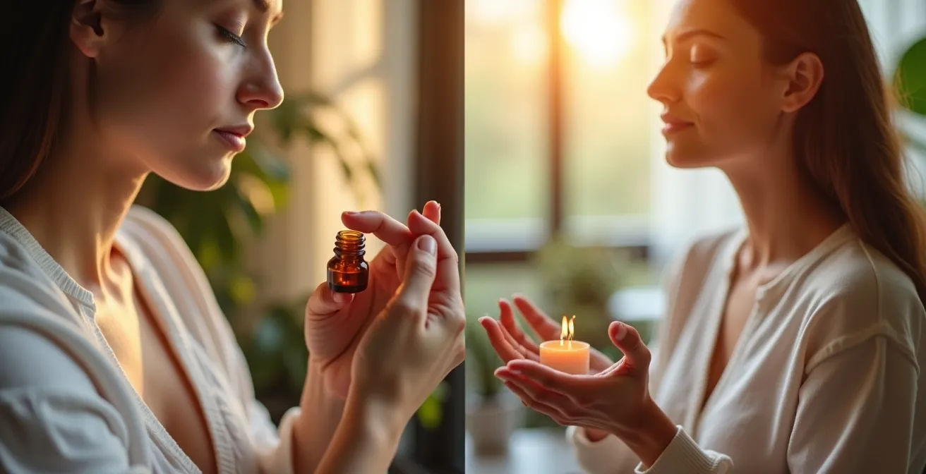 Comparación visual de aplicación cutánea versus inhalación de aceites esenciales