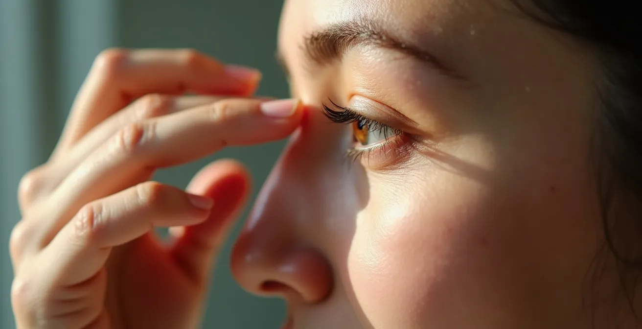 Primer plano de manos realizando acupresión en puntos alrededor de los ojos para aliviar fatiga visual